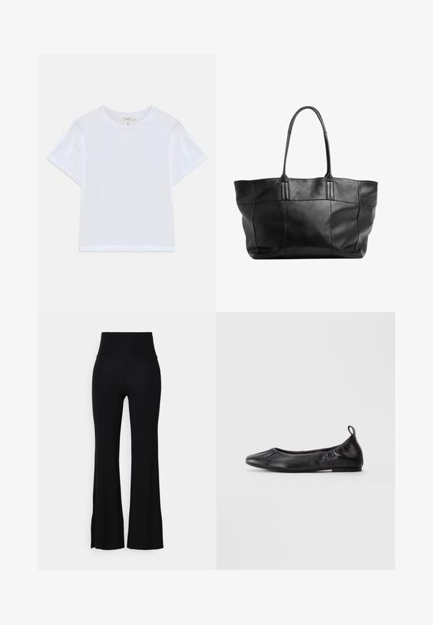 Baltas trumpas marškinėliai iš minkštos medvilnės, su apvaliu iškirpimu ir trumpomis rankovėmis, šiek tiek laisvo kirpimo. Be raštų ar akcentų.; Juodos platėjančios kelnės, pagamintos iš tamprus audinio, su aukštu liemeniu ir glotnia tekstūra. Apačia švelniai platėja nuo kelio.; Juodas odinis baletas su apvalia nosimi, surinktomis elastinėmis šoninėmis dalimis ir užtraukiama juostele ant kulno, eksponuojamas šviesiame fone.; Still Nordic STILLBASIC SHOPPER - Pirkinių krepšys - black