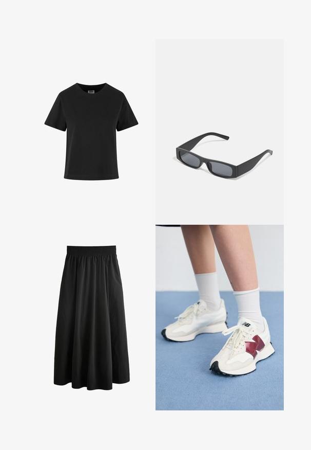 T-shirt en coton noir à manches courtes, col rond et coupe décontractée. Texture lisse sans motifs ni embellissements visibles.; Next POPLIN - Jupe longue - black; Une paire de baskets blanches avec des accents bordeaux, des panneaux texturés, une semelle noire plate et des lacets légers, portées avec des chaussettes blanches mi-mollet.; Lunettes de soleil noires rectangulaires avec des verres foncés et des montures en mat épais. Les branches sont légèrement effilées avec une texture lisse.