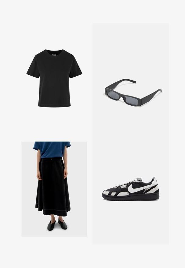 Schwarzes Baumwoll-T-Shirt mit kurzen Ärmeln, Rundhalsausschnitt und lockerer Passform. Glatte Textur und keine sichtbaren Muster oder Verzierungen.; Schwarzer langer Rock mit sichtbaren weißen Nähten, kombiniert mit einem blauen kurzärmeligen Oberteil und schwarzen Schuhen. Das Material scheint weich und fließend zu sein.; Schwarz-weiße Sneakers mit einer strukturierten Oberseite, die ein markantes weißes Nike-Swoosh und eine schwarze Laufsohle aufweisen, mit Schnürverschluss und gemusterten Akzenten.; Schwarze rechteckige Sonnenbrillen mit dunklen Gläsern und dicken matten Rahmen. Die Bügel sind leicht verjüngt und haben eine glatte Oberfläche.