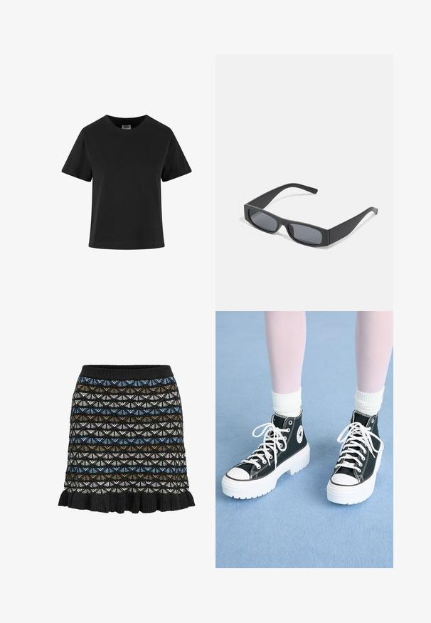Svart bomullströja med korta ärmar, rund hals och avslappnad passform. Slät textur utan synliga mönster eller dekorationer.; Stickad kjol med ett geometriskt mönster i svart, blått, brunt och vitt, med en volangkant och elastisk midja.; Svarta hög-top sneakers med vita sulor och snören, med en cirkulär logotyp på sidan och kontrasterande svarta sömmar. Texturerad tygöverdel.; Svarta rektangulära solglasögon med mörka linser och tjocka matta bågar. Bågarna är något avsmalnande med en slät yta.