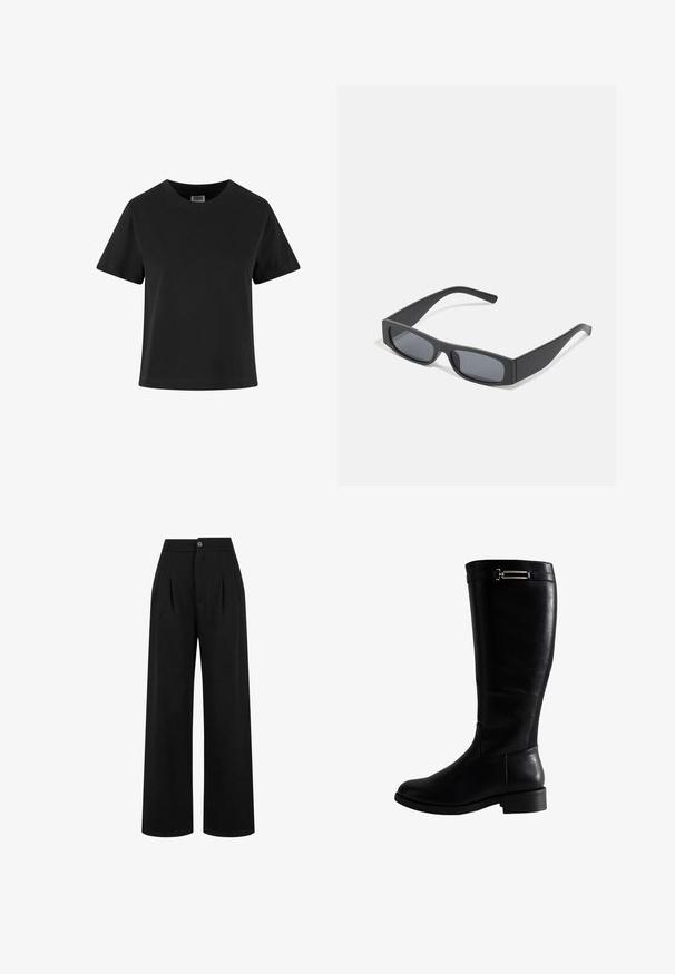 T-shirt in cotone nero con maniche corte, scollo rotondo e vestibilità comoda. Texture liscia e senza motivi o decorazioni visibili.; Pantaloni neri a gamba larga con pieghe frontali, chiusura a pulsante e texture liscia. Il design presenta una vita alta e gamba lunga.; Stivale nero in pelle alto fino al ginocchio con finitura liscia, dotato di un tacco basso a blocco, un piccolo accento metallico e pannelli laterali elasticizzati per la flessibilità.; Occhiali da sole neri rettangolari con lenti scure e montatura spessa opaca. Le asticelle sono leggermente affusolate con una texture liscia.