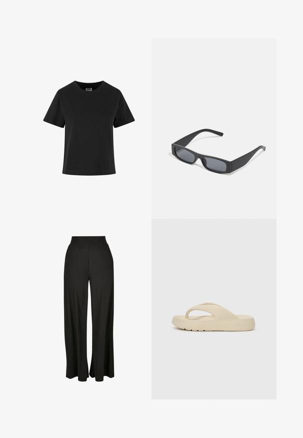 Fekete pamut póló rövid ujjakkal, kerek nyakkal és laza fazonnal. Sima textúrájú, látható minták vagy díszítések nélkül.; Fekete, széles szárú nadrág, függőleges bordás textúrával és gumis derékkal. Oldalsó zsebekkel és laza anyagkialakítással rendelkezik.; Beige flip-flop szandál, mely gumi anyagból készült, egyetlen lábujj pánttal és vastag talppal rendelkezik, amelyen nyomott mintázat található. A Fila logóval van ellátva.; Fekete téglalap alakú napszemüveg sötét lencsékkel és vastag, matt kerettel. A szárak enyhén elkeskenyednek, sima felületűek.