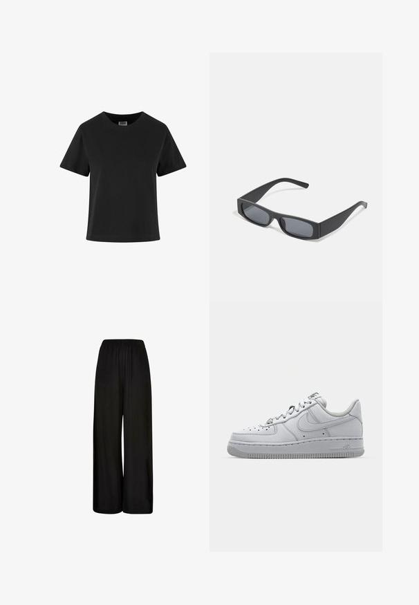 Black cotton t-shirt with short sleeves, a round neck, and a relaxed fit. Smooth texture and no visible patterns or embellishments.; Black wide-leg pants, made from soft fabric, featuring an elastic waistband and smooth texture. No visible patterns or accents.; White leather sneaker with a low-top design, round toe, perforated detailing, and a textured rubber sole. Features gray accents on the tongue.; Black rectangular sunglasses with dark lenses and thick matte frames. The arms are slightly tapered with a smooth texture.