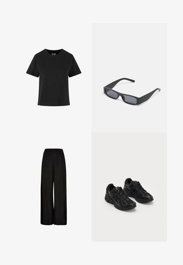 Tricou negru din bumbac, cu mâneci scurte, guler rotund și o croială lejeră. Textură netedă și fără modele sau embellismente vizibile.; Pantaloni negri largi, confecționați dintr-un material moale, cu un elastic la brâu și o textură netedă. Fără modele sau accente vizibile.; Pantofi sport negri fabricati din plasă și materiale sintetice. Au un toc căptușit, modele texturate și un logo embosat pe lateral.; Ochelari de soare negri, cu lentile întunecate și rame groase mate. Brațele sunt ușor conice, cu o textură netedă.