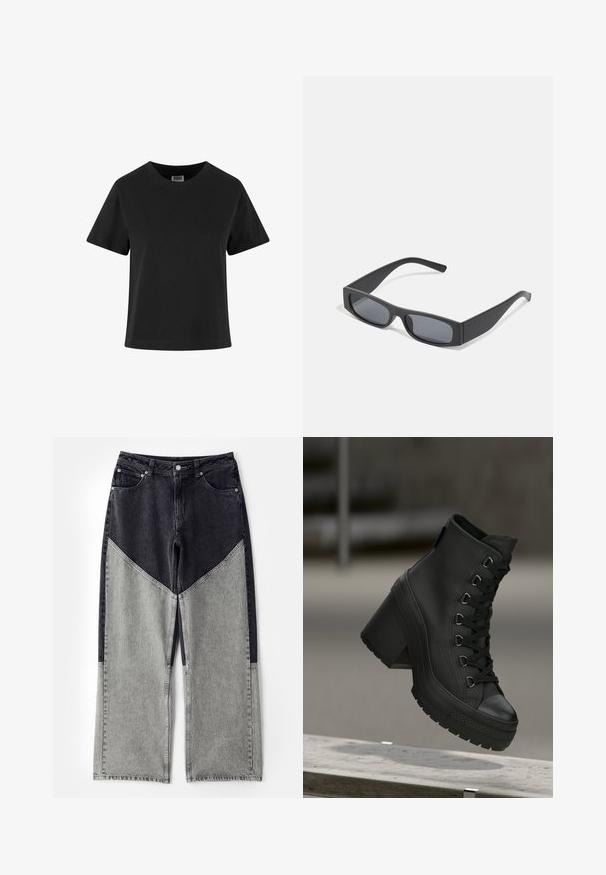 Juodas medvilninis marškinėlis trumpomis rankovėmis, apvaliu iškirpimu ir laisvu siluetu. Lygi tekstūra ir jokie matomi raštai ar puošmenos.; Aukštai įsispiriantys, plačios kojų džinsai su spalvų blokavimo dizainu, sudarytu iš tamsiai pilkos ir šviesiai pilkos džinsinio audinio. Įtraukta standartinė penkių kišenių struktūra.; Juodos aukštos platformos aulinukai su tekstūruota oda, priekyje su raišteliais ir storu kulnu. Yra guminis padas su išskirtiniais protektoriaus raštais.; Juodos stačiakampės saulės akinių su tamsiais lęšiais ir storais matiniais rėmeliais. Rėmelio kojos šiek tiek siaurėja ir turi lygią tekstūrą.