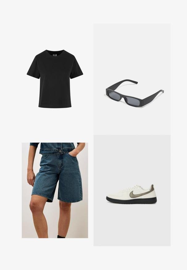 Camiseta de algodón negra con mangas cortas, cuello redondo y un corte holgado. Textura suave y sin patrones ni adornos visibles.; Apricot BERMUDA - Shorts vaqueros - blue; Nike Sportswear FIELD GENERAL - Zapatillas - off-white/black; Gafas de sol negras rectangulares con lentes oscuros y montura gruesa mate. Las varillas son ligeramente cónicas con una textura suave.