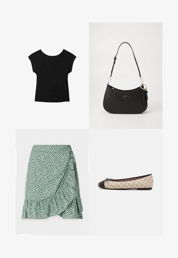 Crna majica kratkih rukava širokog izreza i slobodnog kroja. Napravljena od mekog materijala bez vidljivih uzoraka ili ukrasa.; Zelena suknja od tkanine s crnim točkicama, s volanima na rubu i dizajnom sa strane. Glatka tekstura i lagani materijal.; Bež baletanke od kviltane kože s crnim vrhom i mašnom, s niskom petom i glatkom teksturom.; Crna sintetička torba s zakrivljenim oblikom, zlatnim hardverom i trokutastim logom. Ima zatvaranje na patentni zatvarač i podesivu naramenicu.