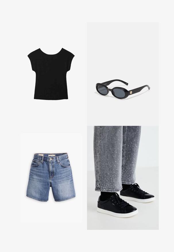 Schwarzes Kurzarmoberteil mit weit ausgeschnittener Halslinie und lockerer Passform. Hergestellt aus weichem Stoff ohne sichtbare Muster oder Verzierungen.; Jeansshorts in mittlerem Blau, ausgestattet mit einem klassischen fünf-Taschen-Design, einem Knopfverschluss und geradem Bein. Leicht ausgeblichene Textur insgesamt.; Schwarze Ledersneaker mit weißen Gummisohlen und strukturierten Akzenten. Kombiniert mit grauen Jeans, die mit verzierten silbernen Punkten versehen sind.; Schwarze ovale Sonnenbrillen mit dunklen Gläsern, glänzendem Kunststoffrahmen, breiten Bügeln und einem kleinen goldenen Akzent auf einer Seite.; Schwarze synthetische Handtasche mit geschwungener Form, goldfarbenen Metalldetails und einem dreieckigen Logo. Verfügt über einen Reißverschluss und einen verstellbaren Trageriemen.