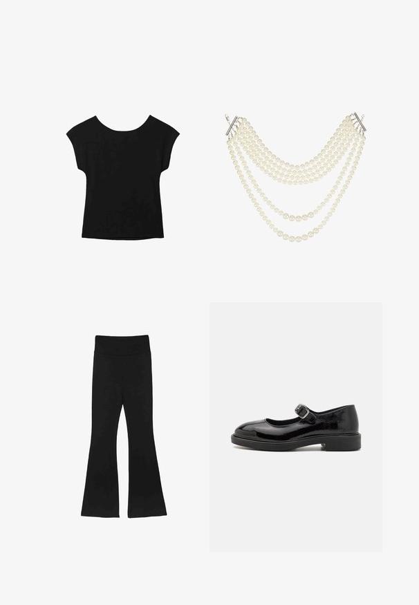 Schwarzes Kurzarmoberteil mit weit ausgeschnittener Halslinie und lockerer Passform. Hergestellt aus weichem Stoff ohne sichtbare Muster oder Verzierungen.; Schwarze, ausgestellte Hosen mit einem breiten Bund und einem glatten, dehnbaren Stoff. Die Beine sind ausgestellt, was eine definierte Silhouette schafft.; Schwarzer Lackleder-Mary-Jane-Schuh mit runder Zehenform, verstellbarem Schnallenriemen, niedrigem Blockabsatz und glatter, glänzender Oberfläche.; Mehrsträngige Halskette mit cremig weißen Perlen in unterschiedlichen Größen, gesichert mit einem einfachen Verschluss in Silberfarbe und Akzenten.