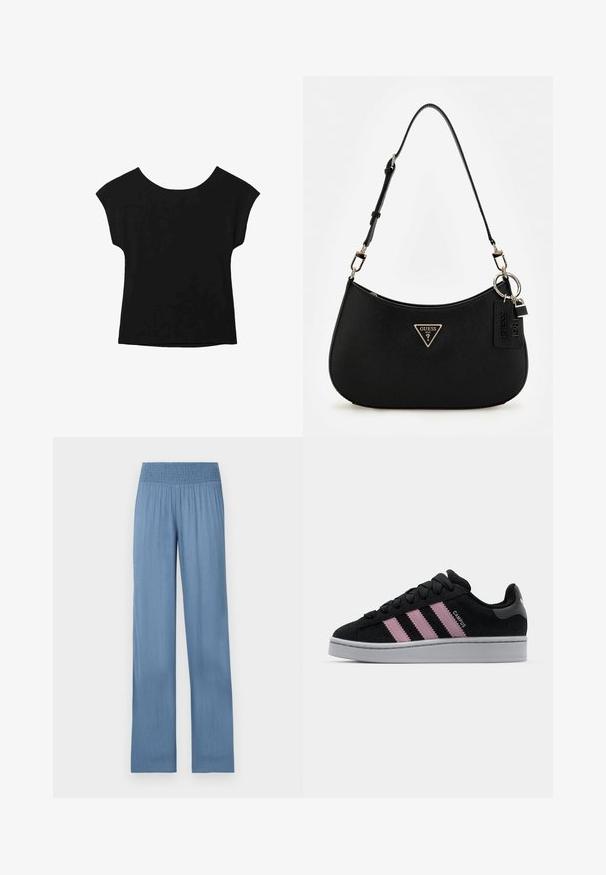 Zwarte T-shirt met korte mouwen en een brede halslijn, in een losse pasvorm. Gemaakt van zachte stof zonder zichtbare patronen of versieringen.; Lichtblauwe wijde broek met een smockband, gemaakt van textured stof, met een rechte snit en lange lengte.; Zwarte suède sneaker met een roze drievoudige streep ontwerp, grijze rubberen zool en een gestructureerde tong. Bevat branding aan de zijkant en hiel.; Zwarte synthetische schoudertas met een gebogen silhouet, textuurafwerking, gouden driehoeklogo en afneembare hardwareaccenten.; Zoetwater parelketting met uniforme ronde witte parels, afgewerkt met een zilveren sluiting en verlengkettinkje voor verstelbare lengte.