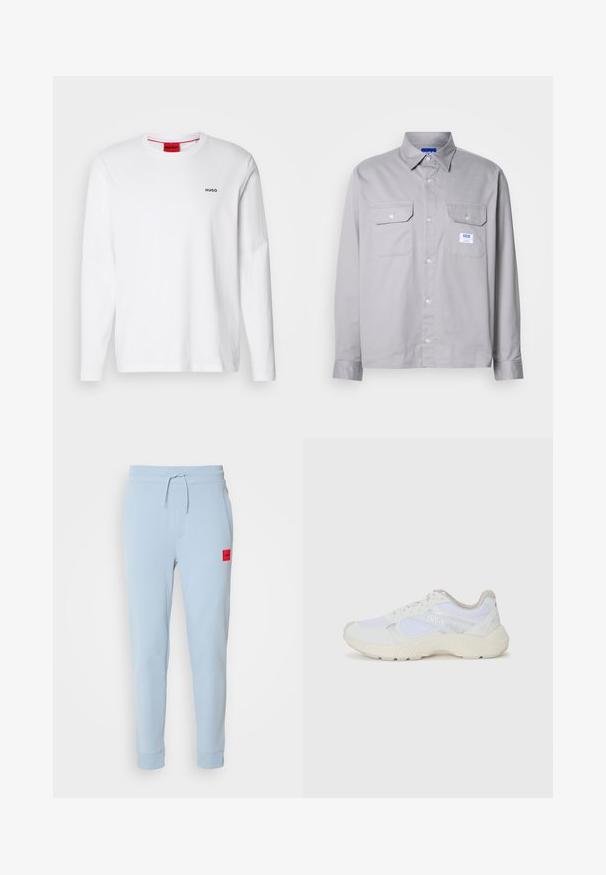 Λευκό πουκάμισο με μακρύ μανίκι από βαμβάκι, με στρογγυλή λαιμόκοψη, μαύρο λογότυπο "HUGO" στη αριστερή πλευρά του στήθους και απαλό υφή.; Γκρίζο μακρυμάνικο πουκάμισο από βαμβάκι, με γιακά που κουμπώνει, δύο τσέπες στο στήθος και μια μικρή ετικέτα μάρκας στην αριστερή τσέπη.; Ανοιχτό μπλε βαμβακερές φόρμες με ρυθμιζόμενη μέση, πλαϊνές τσέπες και ένα μικρό κόκκινο λογότυπο στην αριστερή πλευρά. Στενές μανσέτες στους αστραγάλους.; Λευκά αθλητικά παπούτσια από πλέγμα και σουέτ, με υφή στη σόλα, υφές σε διάφορα σημεία και λογότυπο "HUGO" στο πλάι.