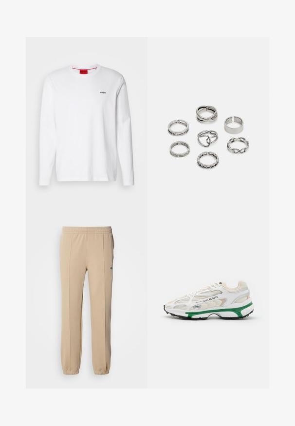 Fehér, hosszú ujjú pamut póló, kerek nyakkivágással, bal mellrészen fekete "HUGO" logóval és sima textúrával.; Lacoste Tréningruha alsók - viennese; Fehér sneaker zöld részletekkel és fekete gumitalppal. Háló és szintetikus panelek találhatók rajta, texturált felülettel és látható varrással.; Hét ezüst gyűrűből álló szett, különböző formákkal és szélességekkel, köztük csavart, összekapcsolt és gravírozott mintákkal.