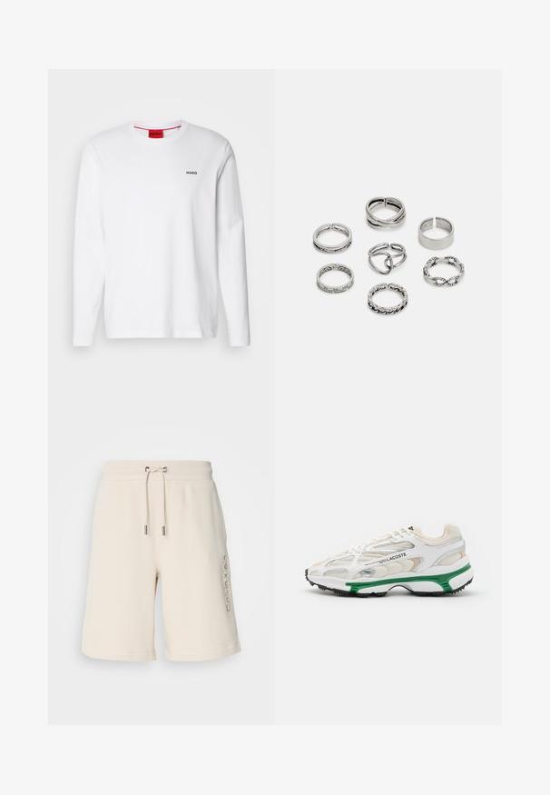Fehér, hosszú ujjú pamut póló, kerek nyakkivágással, bal mellrészen fekete "HUGO" logóval és sima textúrával.; Beige színű, pamut keverék rövidnadrág, húzózsinórral ellátott derékkal, oldalsó zsebekkel és bal lábszáron hímzett "Calvin Klein" logóval.; Fehér sneaker zöld részletekkel és fekete gumitalppal. Háló és szintetikus panelek találhatók rajta, texturált felülettel és látható varrással.; Hét ezüst gyűrűből álló szett, különböző formákkal és szélességekkel, köztük csavart, összekapcsolt és gravírozott mintákkal.