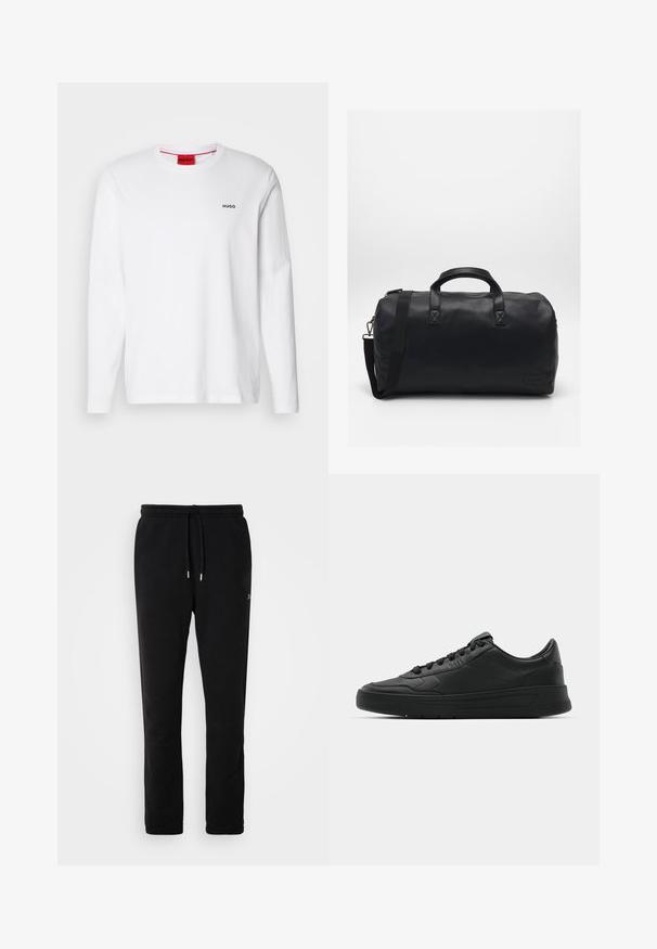 White long-sleeve shirt made of cotton, featuring a round neckline, black "HUGO" logo on the left chest, and a smooth texture.; Black sweatpants made of soft cotton, featuring a drawstring waist, tapered legs, and minimal branding in a subtle design.; Black sneaker with smooth leather upper, round toe, flat laces, cushioned collar, and minimalistic design. Rubber sole with subtle tread pattern.; Black duffel bag made of textured synthetic material. Features two handles and an adjustable shoulder strap. Simple design with no visible patterns.