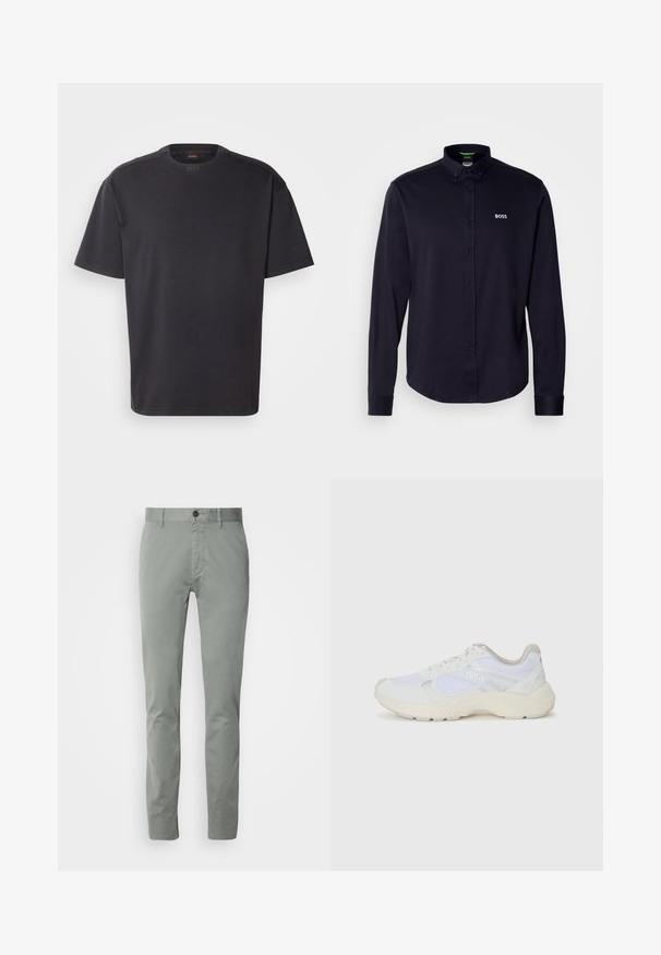 Black short-sleeved T-shirt made of cotton, featuring a round neckline and subtle branding at the collar. Smooth texture with a relaxed fit.; Navy long-sleeve button-up shirt with a collar, featuring a white "BOSS" logo on the chest, made from a smooth, textured fabric.; Light grey chinos made of cotton with a straight-leg fit, featuring a button closure and side pockets. Smooth texture and minimal design.; White athletic shoes made of mesh and suede, featuring a textured midsole, textured accents, and "HUGO" logo on the side.