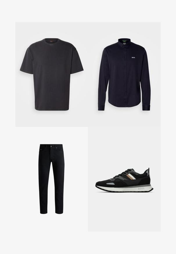 Mustad lühikeste varrukatega must T-särk, mis on valmistatud puuvillast, ümarate kaelustega ja peene brändinguga krael. Sile tekstuur ja mugav lõige.; Tumesinise pika varrukaga nööpidega särk, millel on krae ja rinnal valge "BOSS" logo, valmistatud siledast, tekstureeritud kangast.; Must mustrikot, viie taskuga, nupuga sulgus ja vöökonksudega, esitatud valge tausta ees.; Mustmustreen jooksujalats, millel on tekstuuriga pind, helesinised aktsendid ja kolm horisontaalset triipu pruunis. Omab valget pehmendatud tallat.