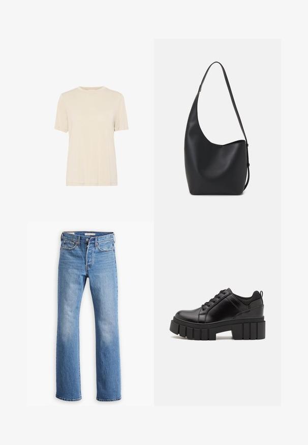 Bež majica s kratkimi rokavi, izdelana iz mehke tkanine. Ima okroglo ovratnico, preprost dizajn in ravno kroj s čistimi šivi.; Modri kavbojski hlače s ravnim krojem, imajo visok pas, klasičen pet-pocket stil in izrazito zbledelost na stegnu.; Črne usnjene platforme z debelim blokastim petam, okroglo konico in klasičnim vezanjem. Imajo gladko teksturo in minimalne podrobnosti.; Črna usnjena hobo torba z gladko teksturo, ukrivljeno obliko in eno nastavljivo naramnico; ima širok odprtina na vrhu.