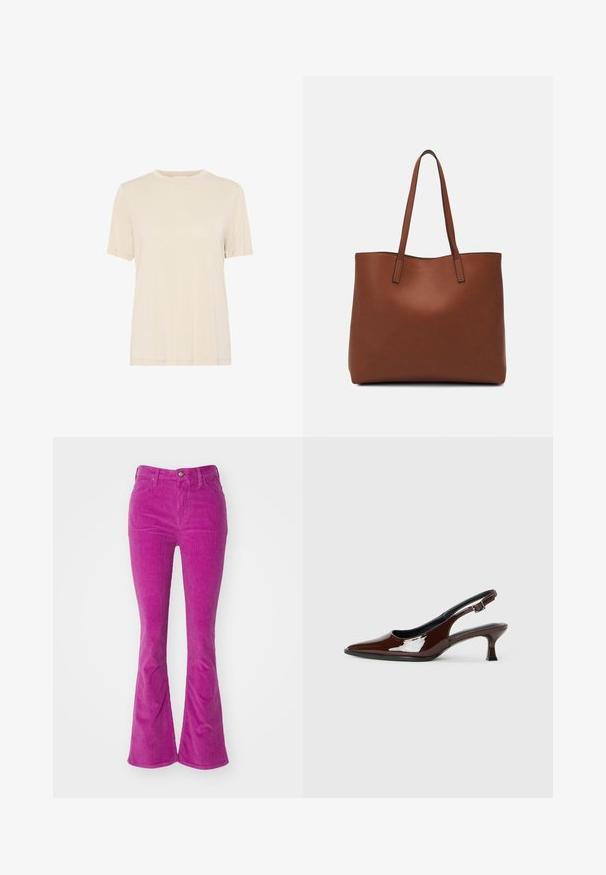Beige short-sleeve t-shirt made of soft fabric. Features a round neck, simple design, and straight cut with clean stitching details.; Flared jeans in bright pink corduroy, featuring five pockets, a button closure, and subtle ribbed texture throughout.; Brown patent leather slingback shoe with a pointed toe and a moderate heel. Features a buckle strap for secure fit. Smooth texture.; Brown leather tote bag with a smooth texture, open top design, and two shoulder straps. Features minimal stitching and no visible hardware.