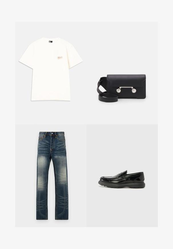 Camiseta de algodón de manga corta color crema, con un pequeño bolsillo con detalle de etiqueta en la esquina superior izquierda. Diseño de cuello redondo.; Vaqueros de mezclilla azul oscuro con un ligero desgaste, diseño de pierna recta, cinco bolsillos, cierre de botón y detalles de costura en color naranja.; Mocasín de cuero negro con un acabado brillante, punta redondeada, detalles de costura sutiles y una suela de goma gruesa para mayor durabilidad.; Bolso cruzado de cuero negro con cierre de solapa, herrajes en tono plata y dos acentos redondos. Cuenta con una correa desmontable. Textura suave.