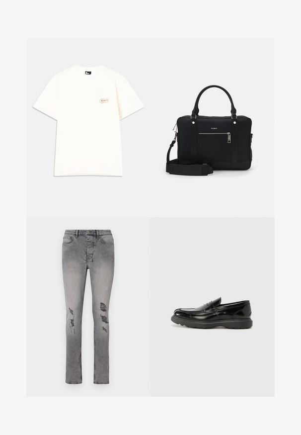 Cream short-sleeve t-shirt made of cotton, featuring a small pocket with label detail in the upper left corner. Round neck design.; Gray denim jeans with a slim fit and slight stretch. Features distressed patches on the knees and a classic five-pocket design.; Black leather loafer with a glossy finish, rounded toe, subtle stitching details, and a thick rubber sole for durability.; Black synthetic tote bag with two handles, a detachable shoulder strap, front zippered pocket, and silver hardware accents.