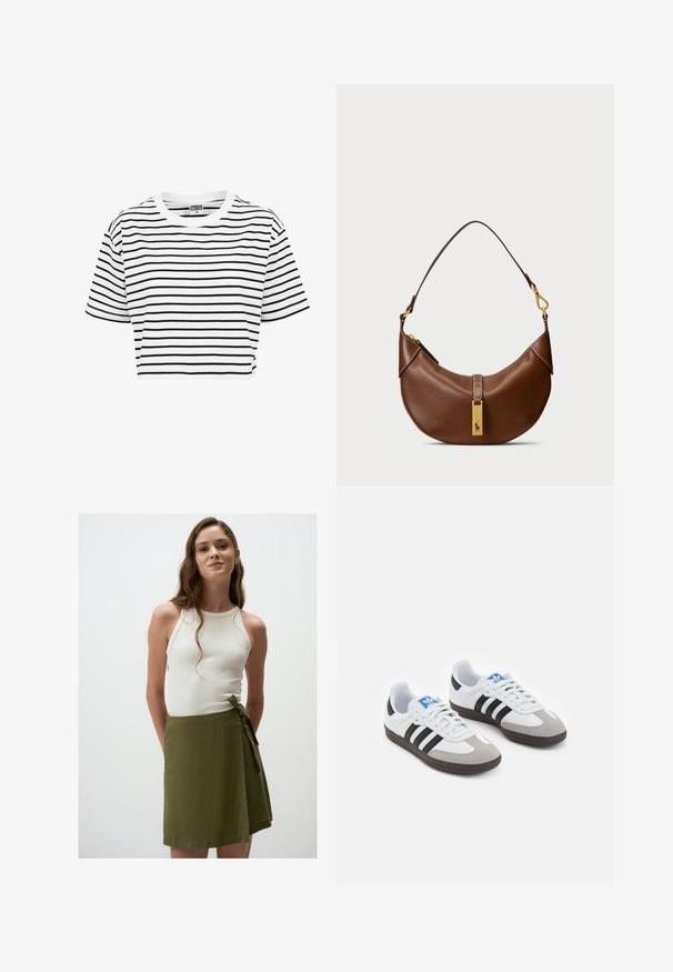 White cropped t-shirt with black horizontal stripes, round neckline, and short sleeves. Made of cotton fabric, smooth texture.; White ribbed tank top paired with a knee-length olive green wrap skirt featuring a tie at the waist. Smooth, lightweight fabric.; Sport shoes with a white leather upper, gray suede toe, and three black stripes. Features a blue logo on the tongue and a textured rubber sole.; Brown leather shoulder bag with curved shape, gold hardware, top clasp detail, and a logo accent. Smooth texture with stitched edges.