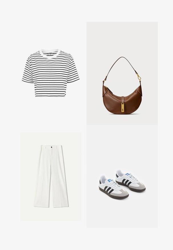 Bijela skraćena majica s crnim horizontalnim prugama, okruglim izrezom i kratkim rukavima. Izrađena od pamučnog materijala, glatke teksture.; Bijele široke hlače napravljene od glatkog materijala, s prednjim dugmadi i naborima. Ravni dizajn sprijeda, bez vidljivih džepova.; Sportske cipele s gornjištem od bijele kože, sivi suedinasti nos i tri crne pruge. Imaju plavi logo na jeziku i teksturiranu gumenu podlogu.; Smeđa kožna torba za rame s zakrivljenim oblikom, zlatnim dijelovima, detaljem gornjeg kopčanja i naglaskom na logu. Glatka tekstura s ušivenim rubovima.