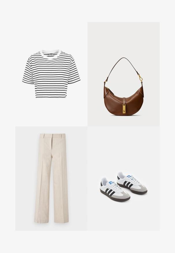 Bijela skraćena majica s crnim horizontalnim prugama, okruglim izrezom i kratkim rukavima. Izrađena od pamučnog materijala, glatke teksture.; Bež hlače širokih nogavica od laganog materijala, s glatkom teksturom i čistim prednjim plisiranim detaljima. Pojas je krojen s petljama za remen.; Sportske cipele s gornjištem od bijele kože, sivi suedinasti nos i tri crne pruge. Imaju plavi logo na jeziku i teksturiranu gumenu podlogu.; Smeđa kožna torba za rame s zakrivljenim oblikom, zlatnim dijelovima, detaljem gornjeg kopčanja i naglaskom na logu. Glatka tekstura s ušivenim rubovima.