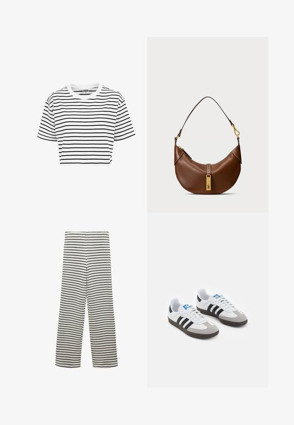 Biely skrátený tričko s čiernymi horizontálnymi pruhmi, okrúhlym výstrihom a krátkymi rukávmi. Vyrobené z bavlnenej látky, s hladkou textúrou.; Široké nohavice vyrobené z texturovanej tkaniny, s čierno-bielym prúžkovaným vzorom. Dizajn je voľný, s dĺžkou do polovice lýtok.; Športové topánky s bielym koženým zvrškom, šedou semišovou špičkou a tromi čiernymi pruhmi. Obsahujú modré logo na jazyku a štruktúrovanú gumovú podrážku.; Hnedá kožená taška cez rameno s oble tvarom, zlatým kovaním, detailom horného uzáveru a akcentom loga. Hladký povrch s prešitými okrajmi.