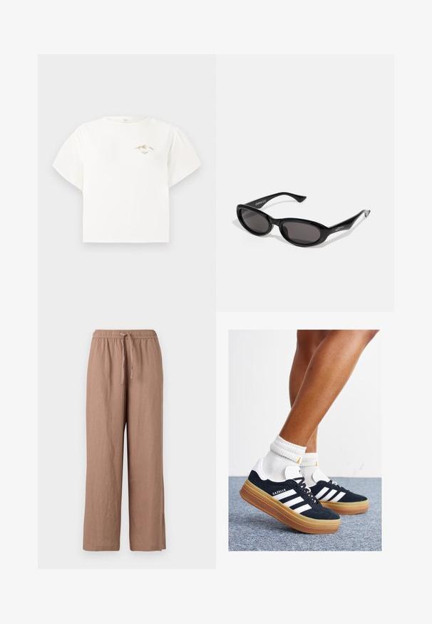 Biele krátke tričko s krátkym rukávom vyrobené z bavlny, so malou zlatou grafikou hory na hrudi a voľným, širokým strihom.; Svetlohnedé ľanové nohavice s širokými nohavicami, elastickým pásom a šnúrkou na stiahnutie. Majú hladkú textúru a dĺžku po členky.; Čierne semišové tenisky s bielymi pruhmi a detailmi, so zaoblenou špičkou, podrážkou z gumovej gumy, doplnené bielymi rebrovanými ponožkami.; Čierne oválne slnečné okuliare s tmavými sklami. Rám je elegantný, z mierne lesklého plastu s ostrými koncami a subtílnym brandingom na spánkoch.