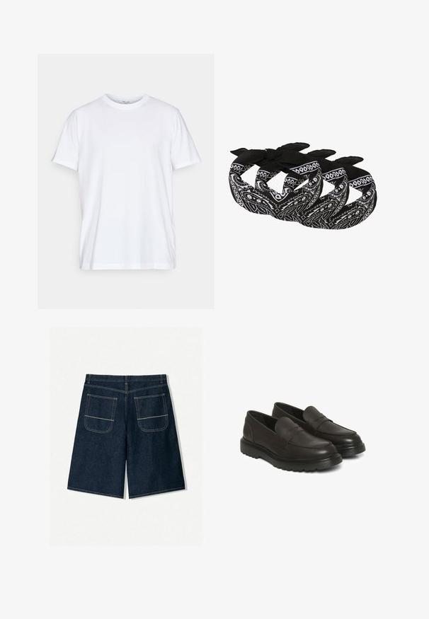 Witte katoenen t-shirt met korte mouwen, ronde ronde hals en een relaxed fit. Heeft een minimalistisch ontwerp, zonder patronen of accenten.; Donkerblauwe denim shorts met een losse pasvorm, voorzien van twee achterzakken met contrasterende stiksels. Rechte snit en knielange ontwerp.; Bruine leren instapschoenen met een gladde afwerking, gewatteerde kraag en een gestructureerd ontwerp. Voorzien van een zwarte rubberen zool met een groefpatroon.; Zwart-witte bandana's met een paisley patroon, gemaakt van lichtgewicht stof met geknoopte uiteinden voor verstelbare styling.