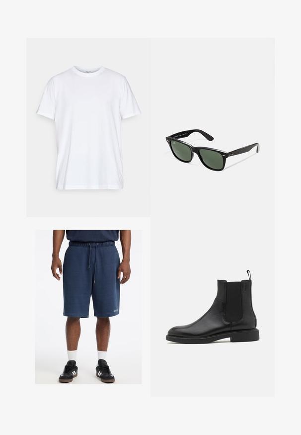 Bela bombažna majica s kratkimi rokavi, okroglo ovratnico in sproščenim krojem. Ima minimalističen dizajn, brez vzorcev ali dodatkov.; Mornarško modri bombažni šortsi z elastičnim pasom, vrvico, stranskimi žepi in logotipom "GUESS" na sprednjem robu.; Črne usnjene gležnjarje z gladko teksturo, elastičnimi stranskimi paneli in zanko za obuvanje. Okrogel prst in raven gumijast podplat z minimalnim profilom.; Črne plastične sončna očala z zelenimi lečami, kvadratni okvirji, srebrni detajl na obrvi in teksturirani ročaji. Blagovna znamka navedena na notranji strani ročaja.
