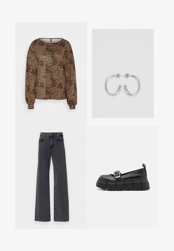 Suéter marrón de manga larga con estampado de leopardo negro, escote ancho y puños elásticos. Tejido suave y texturizado con un corte relajado.; Jeans acampanados de mezclilla negra con cintura alta, que cuentan con dos bolsillos frontales y sutiles detalles de costura a lo largo de las costuras.; Mocasines de plataforma negros con punta redondeada, parte superior de cuero suave, hebilla ajustable y suela de goma texturizada con estrías horizontales.; Pendientes de aro plateados con una superficie lisa y brillante, caracterizados por una forma curva y cierre de poste. Diseño minimalista con un acabado moderno.