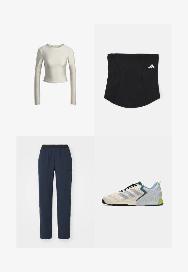 Langærmet crop top i lys cremefarve, lavet af glat, strækbart stof med rund halsudskæring og minimalistisk design.; Marineblå træningsbukser lavet af strækstof, med en sort elastisk talje og sidelommer, med et enkelt design og minimal branding.; Letvægts sportssko med en cremefarvet mesh-overdel, grå striber, en grøn detalje og en struktureret blå hælkappe. Sorte snørebånd.; Sort atletisk pandebånd med en glat overflade, buet form og elastisk top. Har et lille hvidt Adidas-logo på siden.