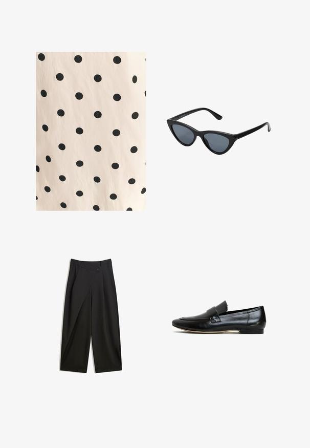 Látka s černými puntíky na světle béžovém pozadí. Design obsahuje rovnoměrně rozložené, plné kroužky na hladkém povrchu.; Černé kalhoty s širokými nohavicemi vyrobené z hladké látky. Mají přední sklady, zapínání na knoflík a upravený pas pro štíhlý střih.; Černé kožené mokasíny s hladkým povrchem, zakulacenou špičkou a dekorativním páskem přes nárt. Lehká podrážka s mírným podpatkem.; Černé sluneční brýle ve stylu "cat-eye" s tmavě šedými skly, elegantním plastovým rámečkem, špičatými rohy a rovnými stranami. Bez viditelného kování nebo ozdob.; Přírodní tkaná slámová taška s texturovaným povrchem, velkým otevřeným topem, zakřiveným tvarem a tmavým koženým popruhem. Má černý akcent na dně.