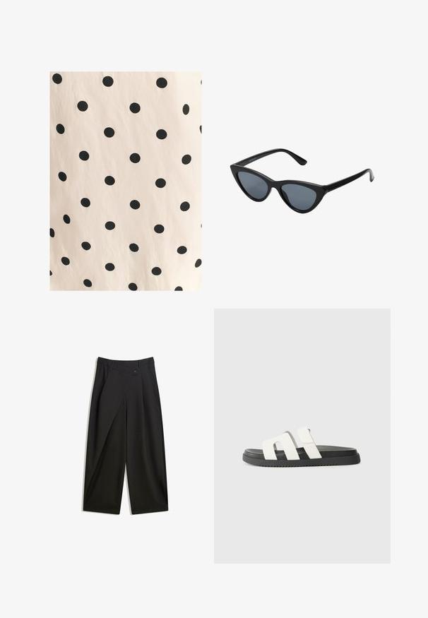 Kangas jossa on mustia pilkkuja vaaleanbeige taustalla. Suunnittelussa on tasaisin välein sijoitettuja, kiinteitä ympyröitä sileällä pinnalla.; Mustat leveät housut, jotka on valmistettu sileästä kankaasta. Ominaisuuksiin kuuluu etuhelma, nappisulku ja muotoiltu vyötärö, joka takaa virtaviivaisen istuvuuden.; Valkoiset liukusandaalit, joissa on kaksi leveää remmiä, musta kumipohja, minimalistinen muotoilu ja sileä pinta. Sopivat rentoon käyttöön.; Mustat kissaeye-aurinkolasit tumman harmailla linsseillä, tyylikäs muovikehys, terävät kulmat ja suorat templet. Ei näkyvää metalliosia tai koristuksia.; Luonnollinen kudottu olkalaukku olki-materiaalista, jossa on teksturoitu pinta, tilava avoin yläosa, kaareva muoto ja tumma nahkaremmi. Pohjassa on musta yksityiskohta.