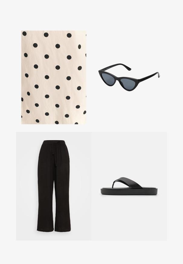 Audinys su juodomis taškelėmis ant šviesiai kreminio fono. Dizainas pasižymi tolygiai išdėstytais, vienodais apskritimais ant lygios tekstūros.; Juodos platėjančios kelnės pagamintos iš lengvos medžiagos, turi elastinį juosmenį su raišteliu. Lygus paviršius ir pilno ilgio dizainas.; Juodos šlepetės su lygiu viršutiniu dirželiu ir tekstūruotu platformos padu. Minimalistinis dizainas su žemu profiliu.; Juoda katės akies forma akiniai su tamsiai pilkais lęšiais, elegantiškas plastikinis rėmas, smailios kampo formos ir tiesios šventyklos. Matomų metalinių detalių arba akcentų nėra.; Natūrali austas šiaudų pirkinių krepšys su tekstūruota paviršiumi, dideliu atviru viršumi, kreiviu pavidalu ir tamsiu odiniu dirželiu. Apatinėje dalyje yra juodas akcentas.