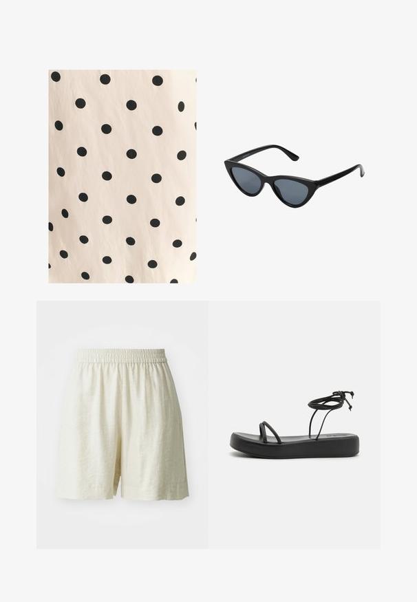 Tessuto con pois neri su uno sfondo beige chiaro. Il design presenta cerchi solidi, equidistanti, su una superficie liscia.; Pantaloni corti in lino, color crema, con vita elastica e vestibilità ampia. Design semplice, texture liscia e senza motivi visibili o accessori.; Sandali neri piatti con suola larga, fasce sottili e un nodo regolabile alla caviglia. Texture liscia con un design minimalista.; Occhiali da sole cat-eye neri con lenti grigie scure, montatura in plastica elegante, angoli appuntiti e tempie dritte. Nessuna ferramenta o accenti visibili.