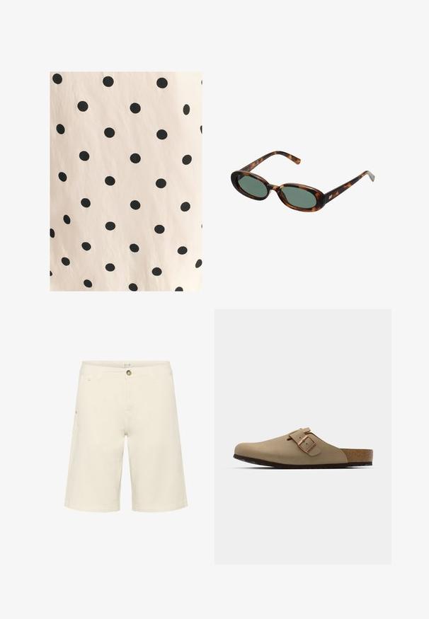 Tkanina s crnim točkicama na svijetlo bež pozadini. Dizajn sadrži ravnomjerno raspoređene, čvrste krugove na glatkoj teksturi.; Kratke hlače boje prirodne kreme od mješavine pamuka, s kopčanjem na dugme, petljama za remen i bočnim džepovima; glatke teksture s ravnim krojem.; Bež drvene cipele s okruglim vrhom, podešavajućim kopčama i plutastim uloškom. Teksturirana površina s crnim gumiranim potplatom za bolje prianjanje.; Sunčane naočale u boji kornjače s ovalnim okvirom i zelenim staklima. Imaju tanke ručke s metalnim detaljem blizu šarki.; Prirodna tkana torba od trske s teksturiranom površinom, velikim otvorenim vrhom, zakrivljenim oblikom i tamnom kožnom naramenicom. Ima crni akcent na dnu.