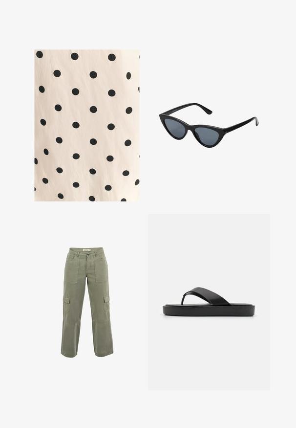 Audinys su juodomis taškelėmis ant šviesiai kreminio fono. Dizainas pasižymi tolygiai išdėstytais, vienodais apskritimais ant lygios tekstūros.; Kakinių spalvos krovinių kelnės, pagamintos iš medvilnės mišinio. Yra dvi didelės šoninės kišenės, dvi priekinės kišenės, tiesioginė, laisva forma su siuvinėtais akcentais.; Juodos šlepetės su lygiu viršutiniu dirželiu ir tekstūruotu platformos padu. Minimalistinis dizainas su žemu profiliu.; Juoda katės akies forma akiniai su tamsiai pilkais lęšiais, elegantiškas plastikinis rėmas, smailios kampo formos ir tiesios šventyklos. Matomų metalinių detalių arba akcentų nėra.; Natūrali austas šiaudų pirkinių krepšys su tekstūruota paviršiumi, dideliu atviru viršumi, kreiviu pavidalu ir tamsiu odiniu dirželiu. Apatinėje dalyje yra juodas akcentas.