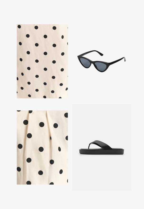 Stof met zwarte stippen op een lichtbeige achtergrond. Het ontwerp heeft gelijkmatig verdeelde, volle cirkels op een gladde structuur.; Katoenen stof heeft een crèmekleurige achtergrond met gelijkmatig verdeelde zwarte stippen. De textuur lijkt glad met een lichte drapering.; Zwarte flip-flop sandalen met een soepele bovenband en een gestructureerde platformzool. Minimalistisch ontwerp met een laag profiel.; Zwarte cat-eye zonnebril met donkergrijze lenzen, slank plastic frame, puntige hoeken en rechte pootjes. Geen zichtbare hardware of accenten.; Natuurlijk geweven strookentasje met een gestructureerd oppervlak, grote open bovenkant, gebogen vorm en een donkere leren band. Kenmerkt zich door een zwarte accent aan de basis.