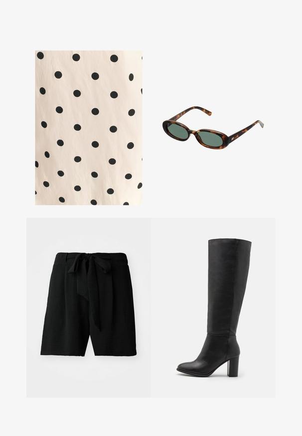 Stof met zwarte stippen op een lichtbeige achtergrond. Het ontwerp heeft gelijkmatig verdeelde, volle cirkels op een gladde structuur.; Zwarte shorts van gestructureerde stof, met een striksluiting in de taille en een relaxte pasvorm, die tot halverwege de dijen reikt.; Zwarte laarzen tot de knie van soepel leer, met een dikke hak en een ronde neus. Minimalistisch ontwerp zonder zichtbare hardware of versieringen.; schildpadbril met ovale monturen en groene lenzen. Heeft dunne spijlen met een metalen accent nabij de scharnieren.; Olijfgroene leren handtas met een ronde vorm, dubbele handvatten en een naadloze voorkant. Kenmerkt zich door een gladde textuur en subtiele stikdetails.; Zilveren oorbellen in de vorm van een gladde, gepolijste ring. Ronde vorm met een veilige kliksluiting. Lichtgewicht ontwerp, geschikt voor dagelijks gebruik.