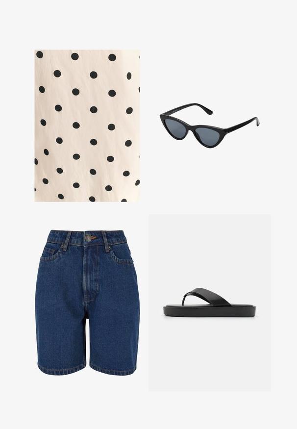 Kangas jossa on mustia pilkkuja vaaleanbeige taustalla. Suunnittelussa on tasaisin välein sijoitettuja, kiinteitä ympyröitä sileällä pinnalla.; Farkkuhousut, joissa on tumma sininen väri, korkea vyötärö, viisi taskua ja kontrastiväri oranssit ompeleet. Kangas näyttää olevan teksturoitu.; Mustat flip-flop-sandaalit, joissa on sileä yläremmi ja teksturoitu pohja. Minimalistinen muotoilu matalalla profiililla.; Mustat kissaeye-aurinkolasit tumman harmailla linsseillä, tyylikäs muovikehys, terävät kulmat ja suorat templet. Ei näkyvää metalliosia tai koristuksia.; Luonnollinen kudottu olkalaukku olki-materiaalista, jossa on teksturoitu pinta, tilava avoin yläosa, kaareva muoto ja tumma nahkaremmi. Pohjassa on musta yksityiskohta.