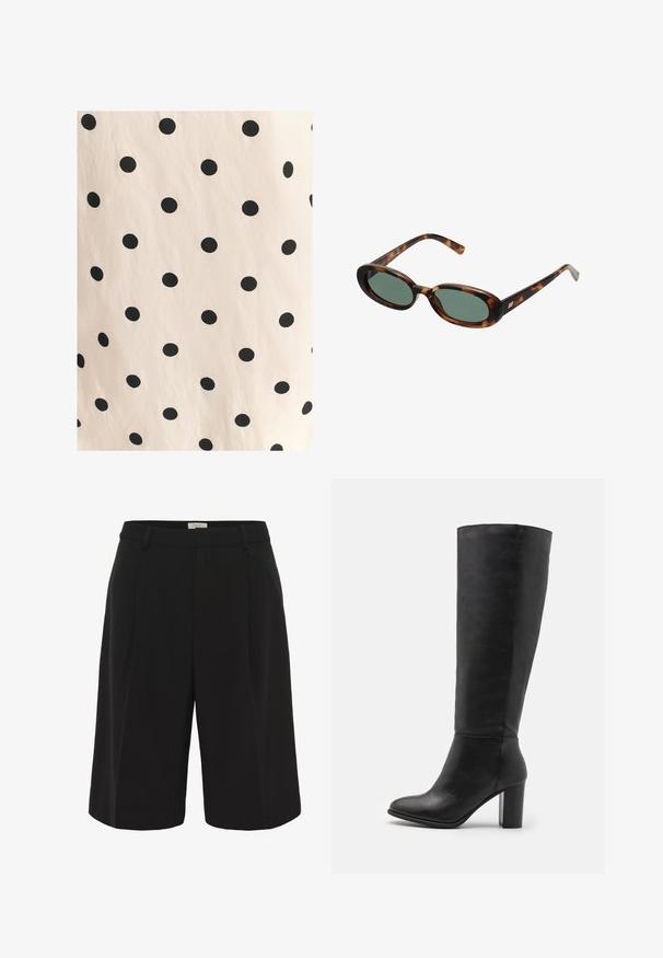 Tessuto con pois neri su uno sfondo beige chiaro. Il design presenta cerchi solidi, equidistanti, su una superficie liscia.; Part Two KAIRAPW - Shorts - black; Stivali neri alti fino al ginocchio in pelle liscia, con tacco spesso e punta arrotondata. Design minimalista senza hardware o decorazioni visibili.; Occhiali da sole tartarugati con montatura ovale e lenti verdi. Presentano aste sottili con un accento metallico vicino alle cerniere.; Borsa a spalla nera intrecciata con tracolla in pelle liscia e chiusura con zip. Presenta una superficie texturizzata e una forma curvata.; Orecchini a cerchio in argento in due misure; design texture con superficie ondulata. Cerchi più piccoli sopra quelli più grandi, entrambi dotati di una chiusura a cerniera.