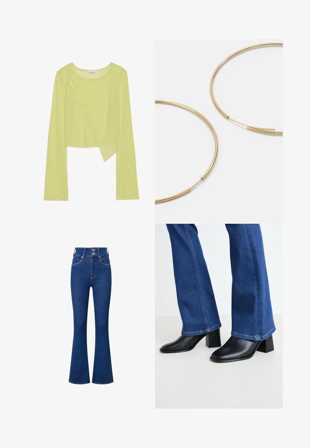 Limegrön långärmad crop top med rund halsringning och asymmetrisk fåll. Lätt vikt, ribbad textur med dekorativa sömdetaljer.; Högmidjade utsvängda jeans i mörkblå denim. Har tvåknapcks stängning, framfickor och subtila sömnadsdetaljer längs sömmarna.; Svarta läder ankelstövlar med fyrkantig tå och blockklack, kombinerade med blå denimflared byxor med kontrasterande sömmar vid fållen.; Guldiga hoopsörhängen, tunna och runda i formen, med en slät metallisk finish utan utsmyckningar eller mönster.