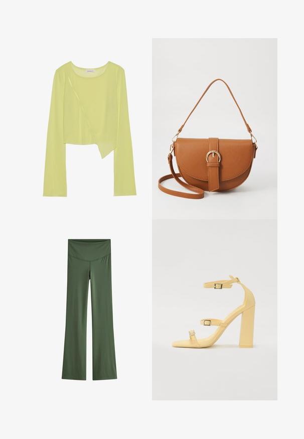 Lime vihreä pitkähihaine crop-top, jossa on pyöreä kaula-aukko ja epäsymmetrinen helma. Kevyt, ribattu rakenne, jossa on koristeellisia ommeltyksiä.; Versoni legginsit tummanoliivinvihreässä kankaassa, joissa on sileä vyötärönauha ja tyylikäs muotoilu ilman huomattavia kuvioita tai koristeita.; Keltaiset paksupohjaiset sandaalit, joissa on kolme säädettävää hihnaa, neliön muotoinen kärki, sileää synteettistä materiaalia ja hopeanväriset soljet.; Ruskean nahkainen olkalaukku, jossa on kaareva muoto, kultaiset yksityiskohdat ja solkiyksityiskohta. Varustettu irrotettavalla olkahihnalla.