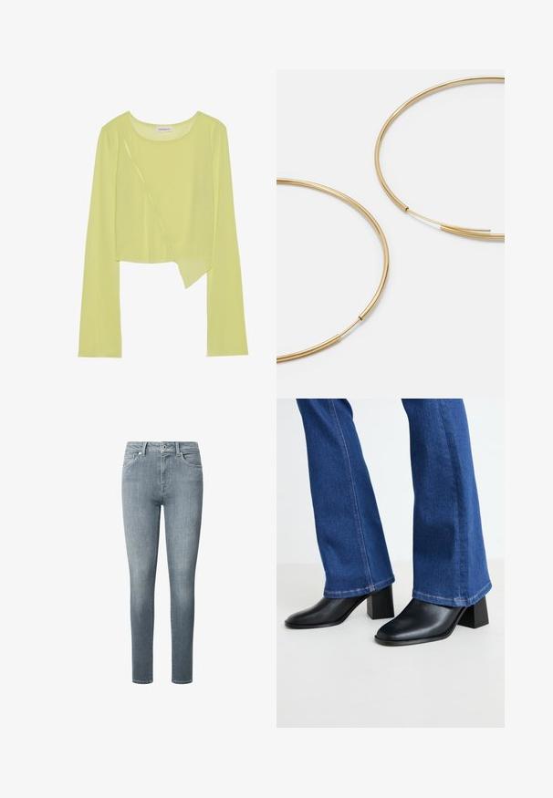 Lime zelena dolg rokav, kratka majica s krožnim ovratnikom in asimetričnim robom. Lahka, rebrasta tekstura z okrasnimi šivi.; Slim-fit kavbojke iz mehkega, svetlo modrega denima. Imajo pet žepov, zadrgo in zanke za pas, gladko teksturo in minimalno bledenje.; Črne usnjene gležnjarje s kvadratnim nosom in blok peto, v kombinaciji z modrimi denim flare hlačami s kontrastnim šivanjem na robu.; Zlate obroče ušesne uhane, tanke in krožne oblike, z gladko kovinsko površino brez okrasnih elementov ali vzorcev.