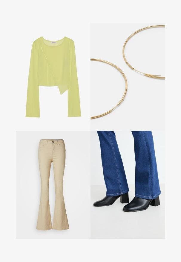 Lima zaļa garām piedurknēm crop top krekls ar apaļu izgriezumu un asimetrisku apakšmali. Viegls, ribots audums ar dekoratīvām stitching detalēm.; Beige platām kājām džinsi, izgatavoti no kokvilnas maisījuma auduma. Augstas jostas, ar piecām kabatām, priekšējo pogu aizdari un gludu tekstūru.; Melni ādas potītes zābaki ar kvadrātveida purngalu un bloku papēdi, saskaņoti ar zilu džinsu platā kāju biksēm ar kontrastējošu šuvju apdari uz apakšmalas.; Zelta krāsas auskari gredzena formā, plāni un apaļi, ar gludu metāla apdari un bez rotājumiem vai zīmējumiem.