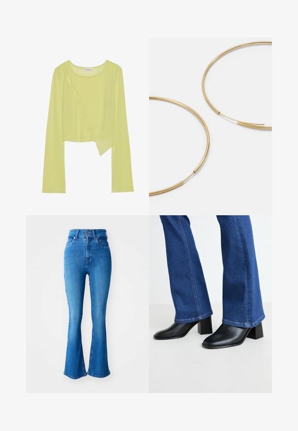 Lime zelena dugha majica s dugim rukavima i okruglim dekolteom s asimetričnim rubom. Lagani, rebrasti materijal s dekorativnim šavovima.; Traperice visoki struk u plavoj boji s raširenim donjim dijelom, s dvostrukim kopčanjem, pet džepova i glatkim, teksturiranim završetkom.; Crne kožne čizme do gležnja sa square prstom i blok petom, uparenih s plavim trapericama s lepršavim nogavicama i kontrastnim šavovima na rubu.; Zlatne kružne naušnice, tanke i okrugle, s glatkom metalnom površinom bez ukrasa ili uzoraka.
