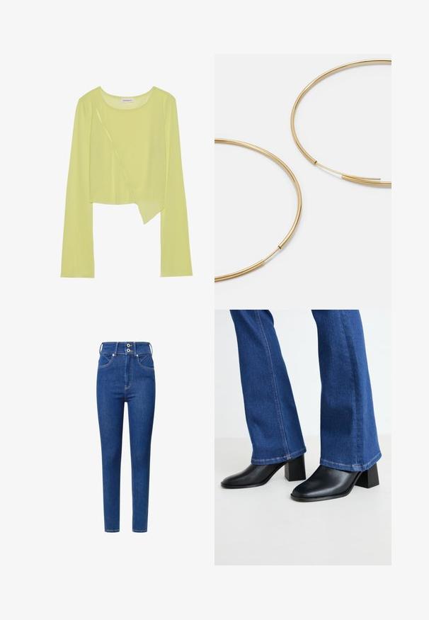 Lime zelena dugha majica s dugim rukavima i okruglim dekolteom s asimetričnim rubom. Lagani, rebrasti materijal s dekorativnim šavovima.; Traperice s visokim strukom u plavoj boji, uskog kroja, s dva dugmeta na pojasu, prednjim džepovima i kontrastnim šavovima.; Crne kožne čizme do gležnja sa square prstom i blok petom, uparenih s plavim trapericama s lepršavim nogavicama i kontrastnim šavovima na rubu.; Zlatne kružne naušnice, tanke i okrugle, s glatkom metalnom površinom bez ukrasa ili uzoraka.