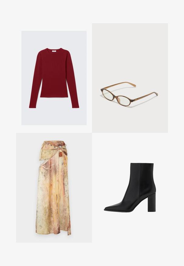 Maglietta a maniche lunghe, con collo rotondo, di colore bordeaux solido, distesa su uno sfondo bianco, senza motivi visibili o loghi.; Lunga gonna drappeggiata realizzata con tessuto stratificato e testurizzato in tonalità calde di giallo, arancione e marrone. Presenta una cintura decorativa con perline.; Stivale alla caviglia in pelle nera con punta affilata, tacco quadrato, texture liscia e dettagli di cucitura lungo le cuciture. I tacchi misurano circa 3,5 pollici.; Occhiali tortoiseshell marroni con lenti ovali, aste sottili e dettagli trasparenti. Presentano un logo sottile sulla tempia. Design elegante e leggero.